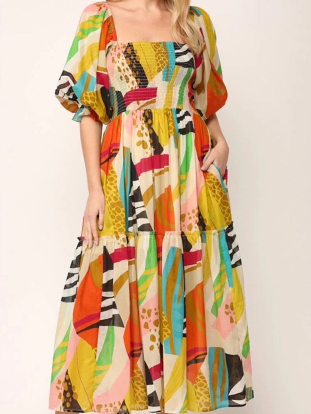Fate Multicolor Abstract Maxi Dress with Puff Sleeves - Brand New